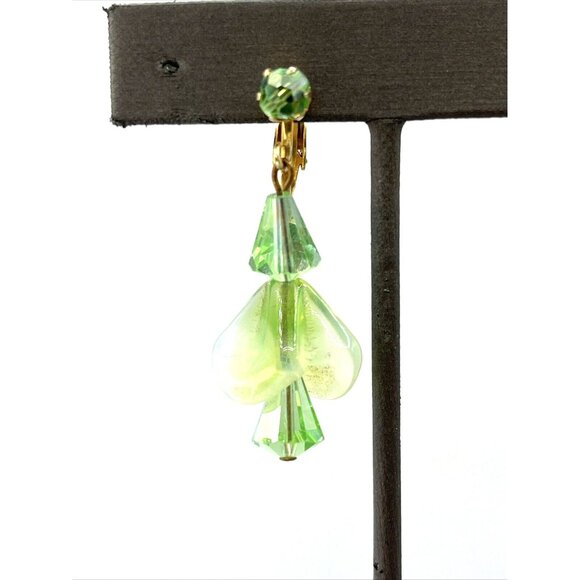 Vintage Uranium Glass Earrings Green Glowy Dangle Clip-on Earrings - Picture 5 of 9
